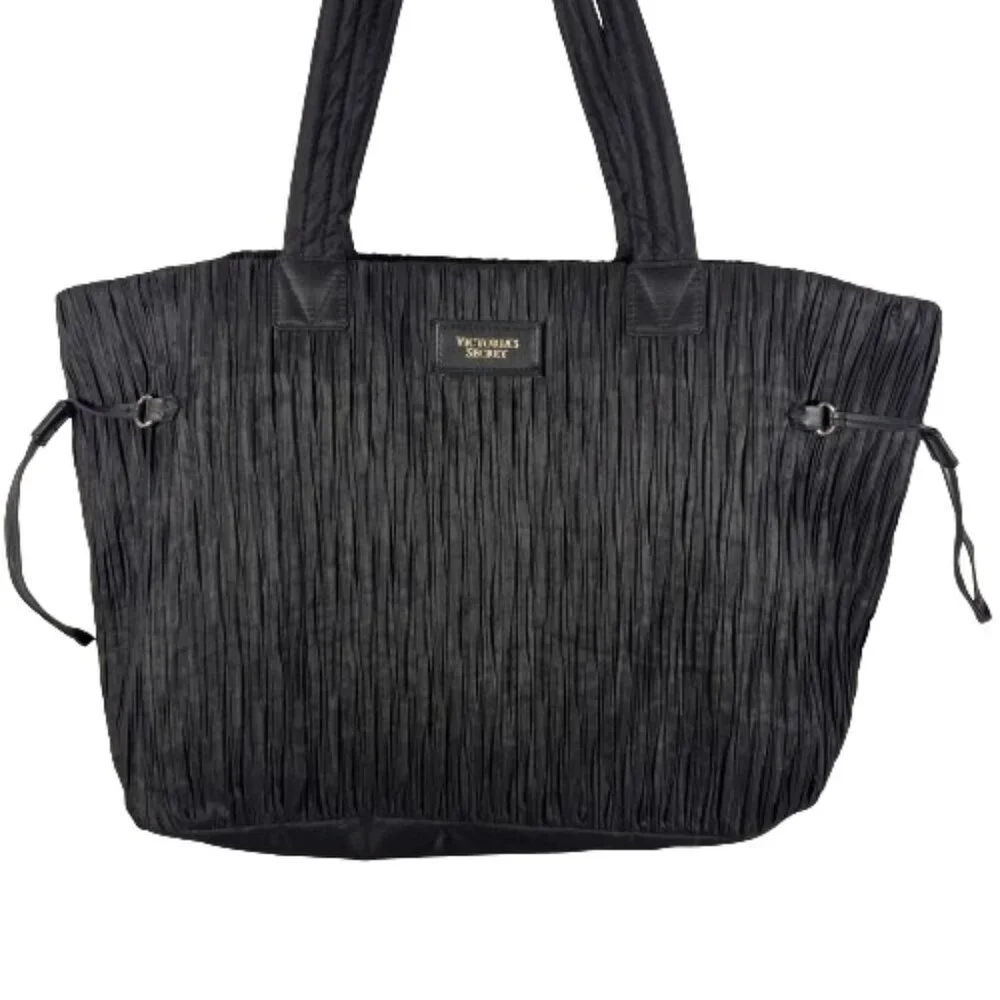 Victoria's Secret Womens Tote Bag Crinkle Nylon‎ Black Travel Vacation Weekend